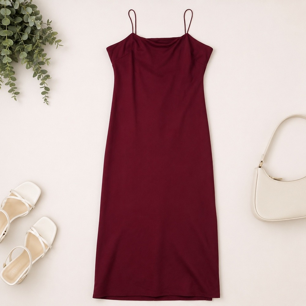 Dee Elly Burgundy Midi Slip Dress Side Slit Spaghetti Strap Wine Red L